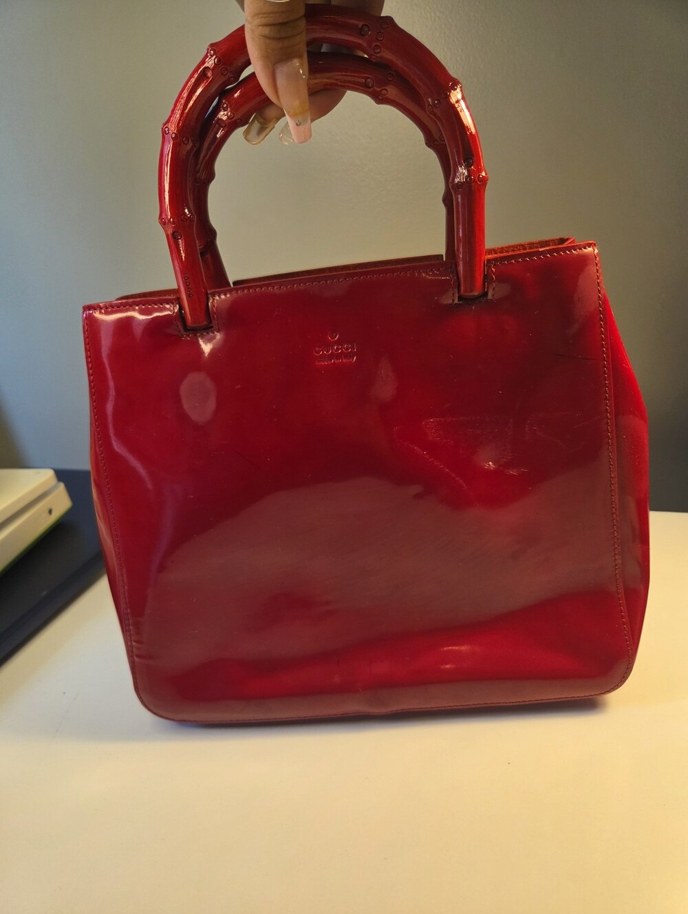 Gucci Glossy Red Patent Bamboo-Handle Satchel AUTHENTIC READ - Picture 2 of 13